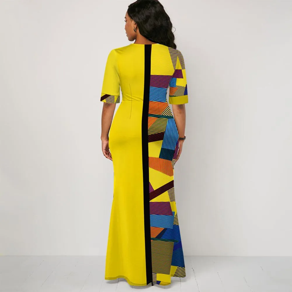 Women Round Neck Split Joint Long Dresses