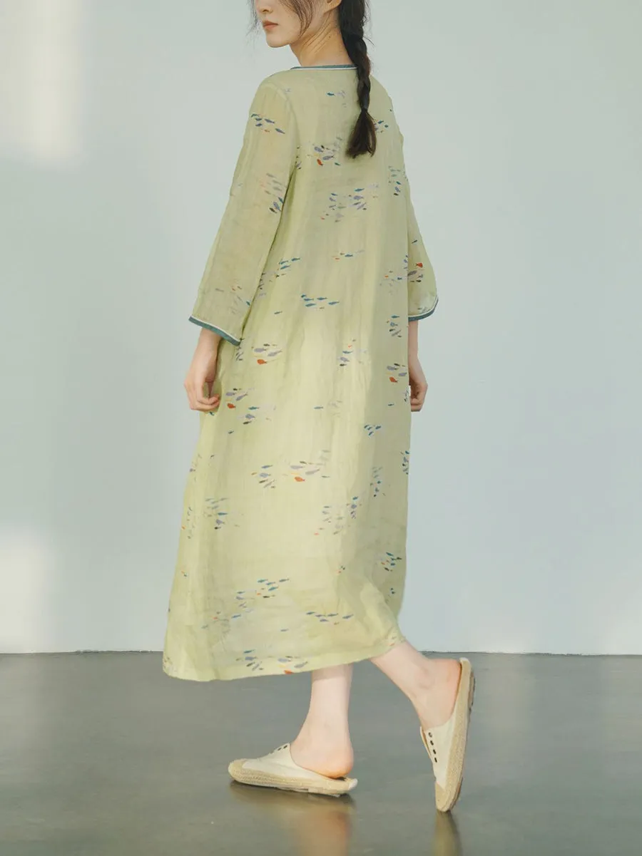 Women Spring Artsy V-Neck Flower Ramie Dress