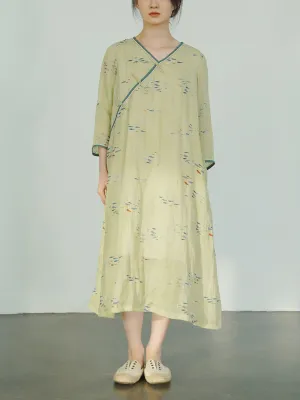 Women Spring Artsy V-Neck Flower Ramie Dress