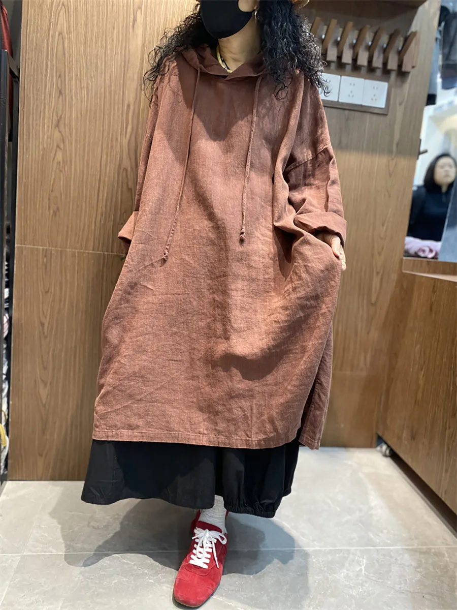 Women Spring Casual Pure Color Loose Hooded Dress