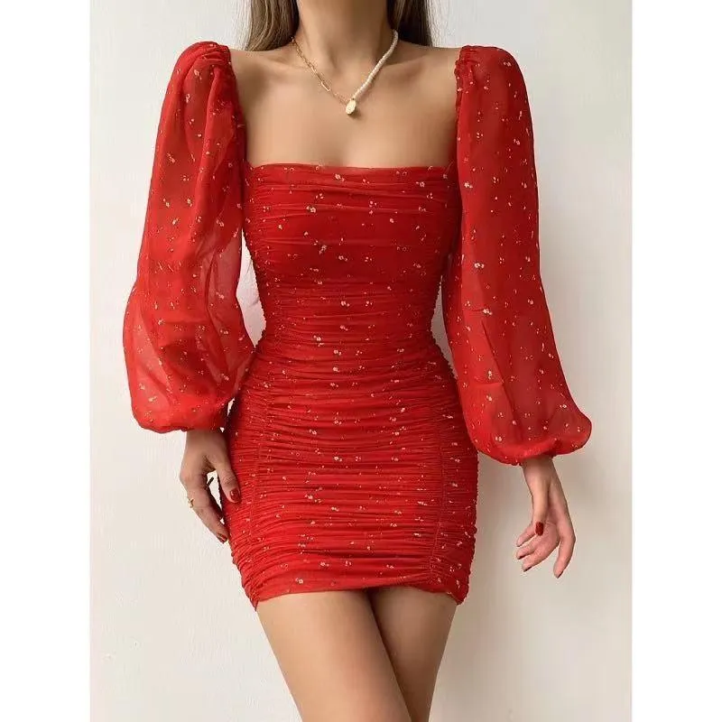 Women Square Neckline Tight Bodycon Short Dresses