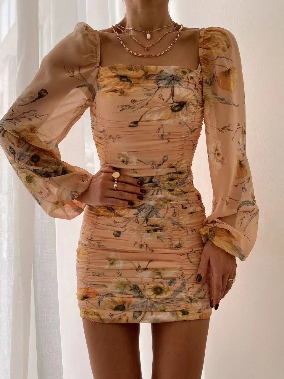 Women Square Neckline Tight Bodycon Short Dresses