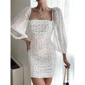 Women Square Neckline Tight Bodycon Short Dresses