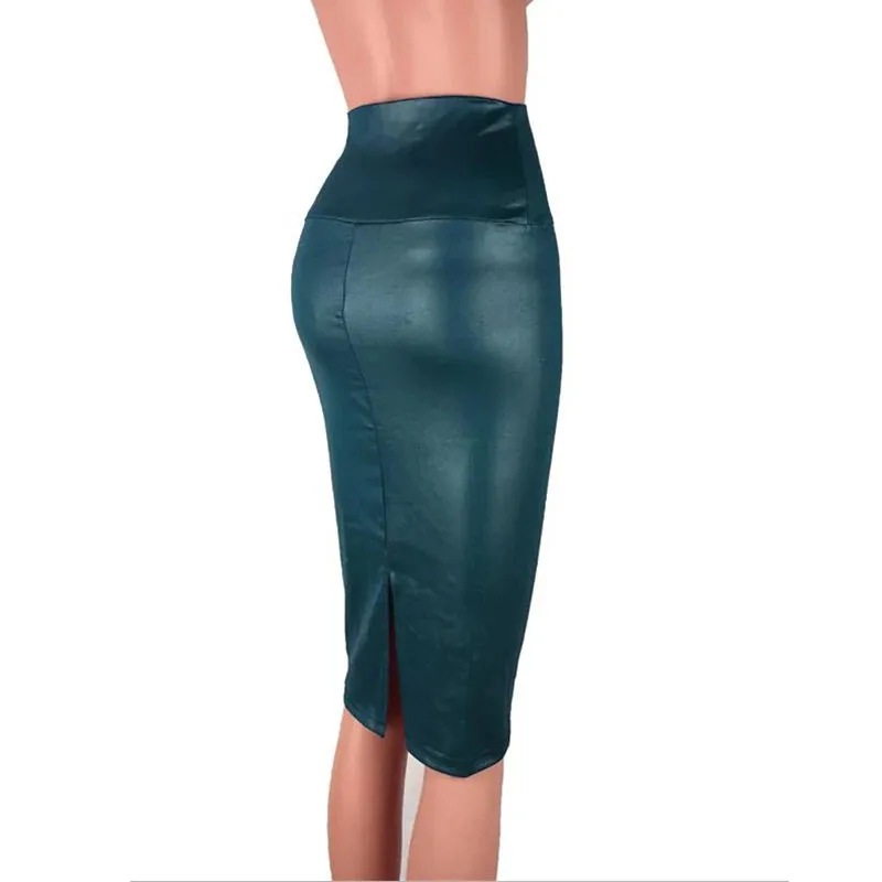 Women's Back Split Sexy Skirt Bodycon Clubwear Skirt High Waist PU Leather Skirt Vintage Long Pencil Skirts