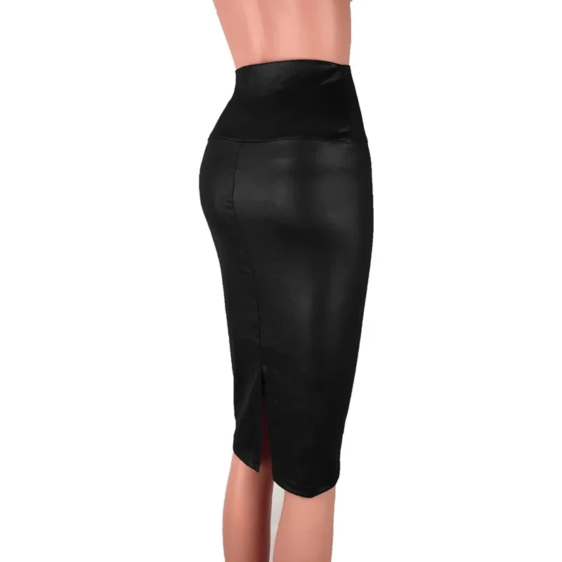 Women's Back Split Sexy Skirt Bodycon Clubwear Skirt High Waist PU Leather Skirt Vintage Long Pencil Skirts