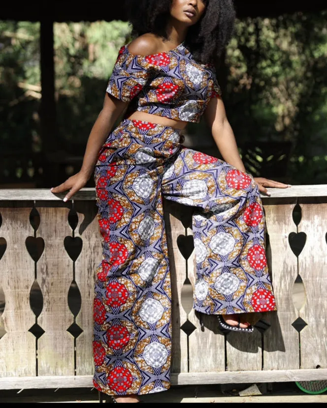Women's Casual Print Off-Shoulder Top and Pants Two-Piece Set