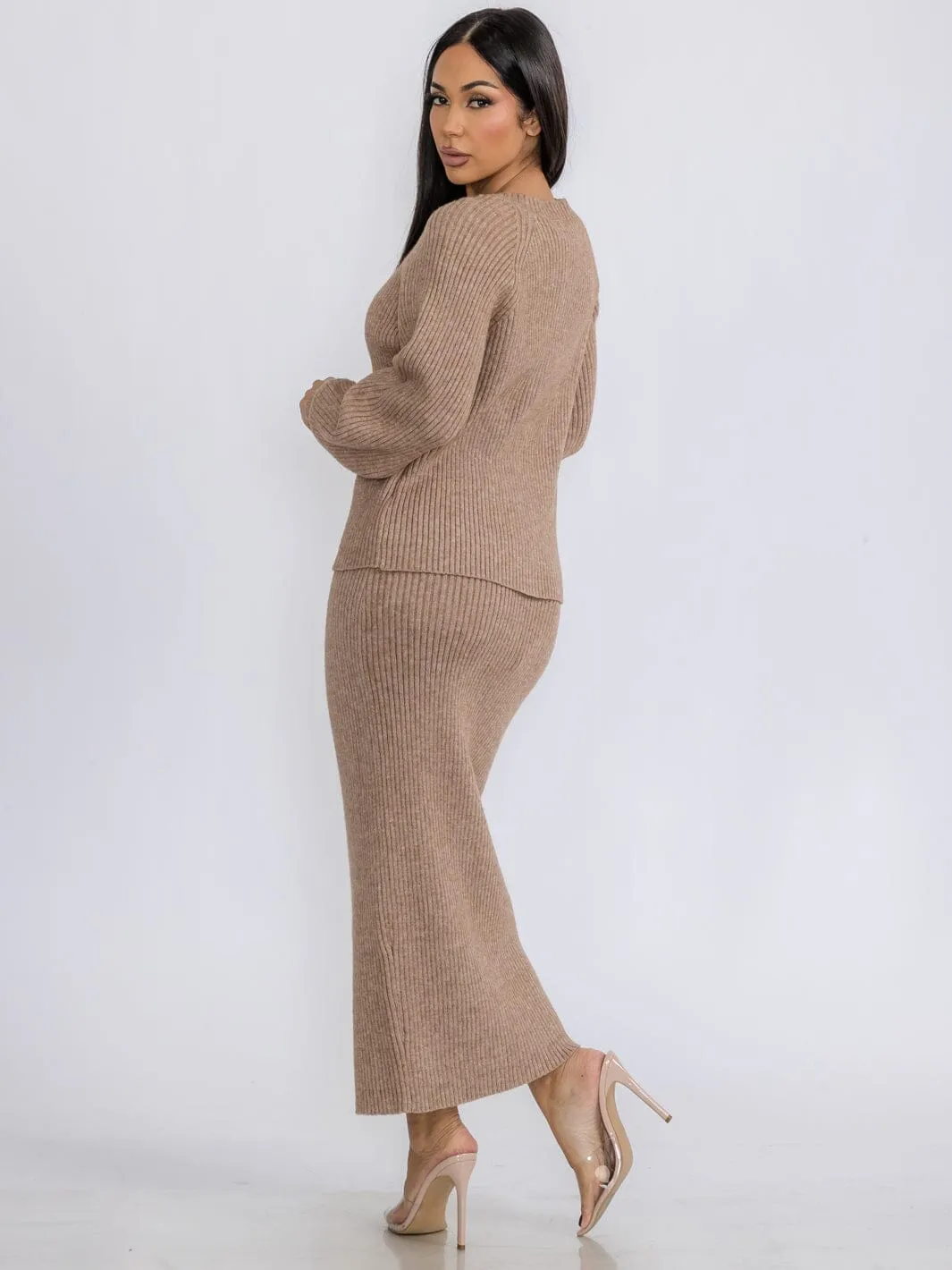 WOMEN'S ELASTIC WAIST PENCIL RIBBED MAXI SKIRT
