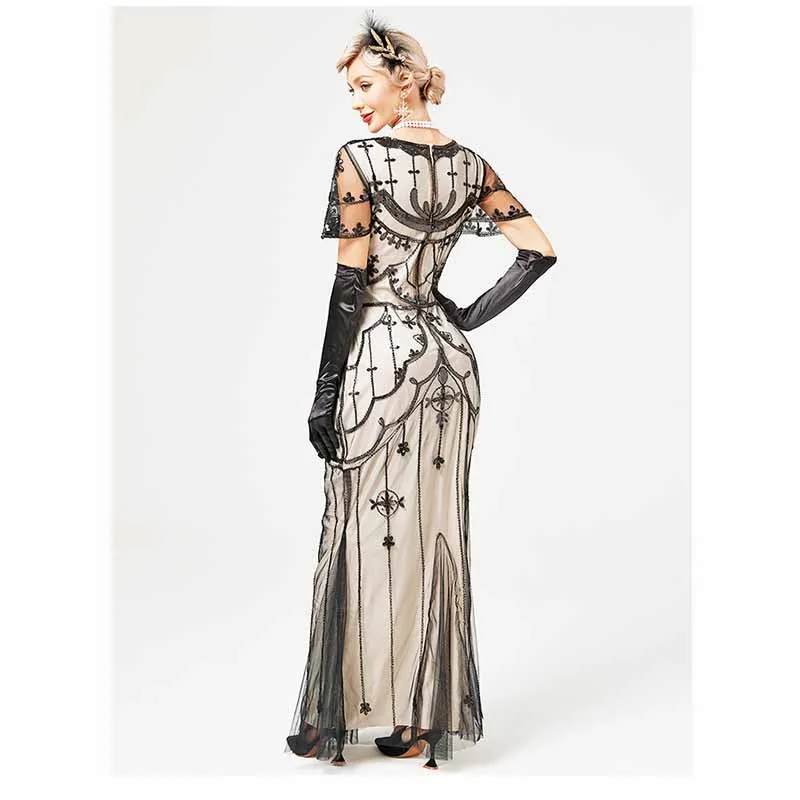 Women's Flapper Dress 1920s V-Neck Evening Gown Sequin Beaded Maxi Dress