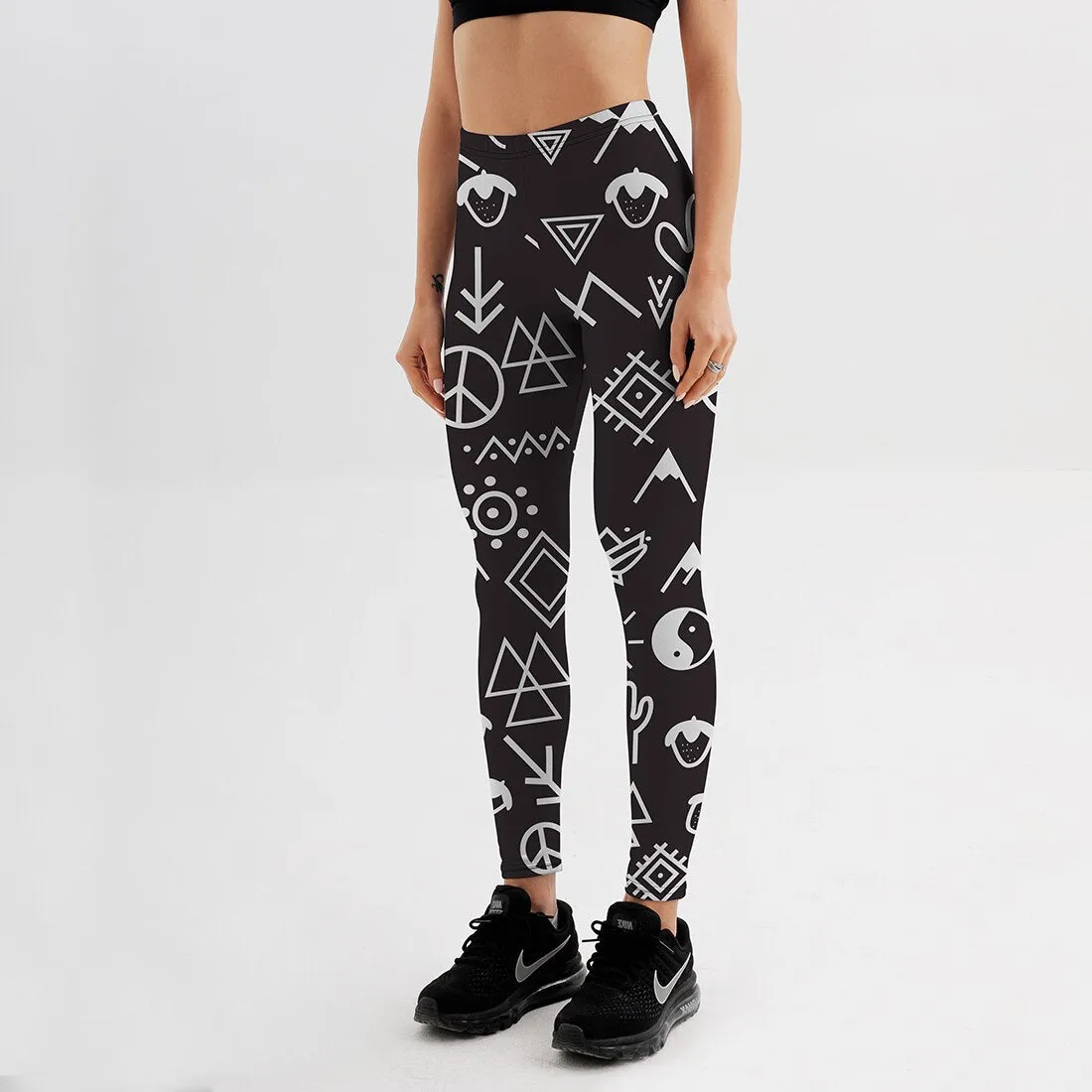 Women's Leggings Peace Symbol Printed Black White Workout Fitness Pant