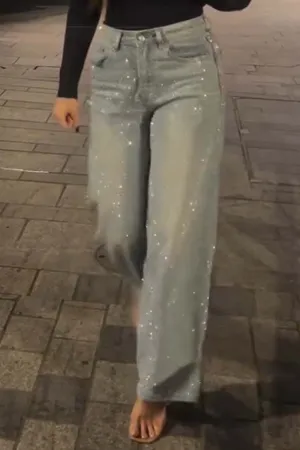 Women's Rhinestone Casual Denim Trousers