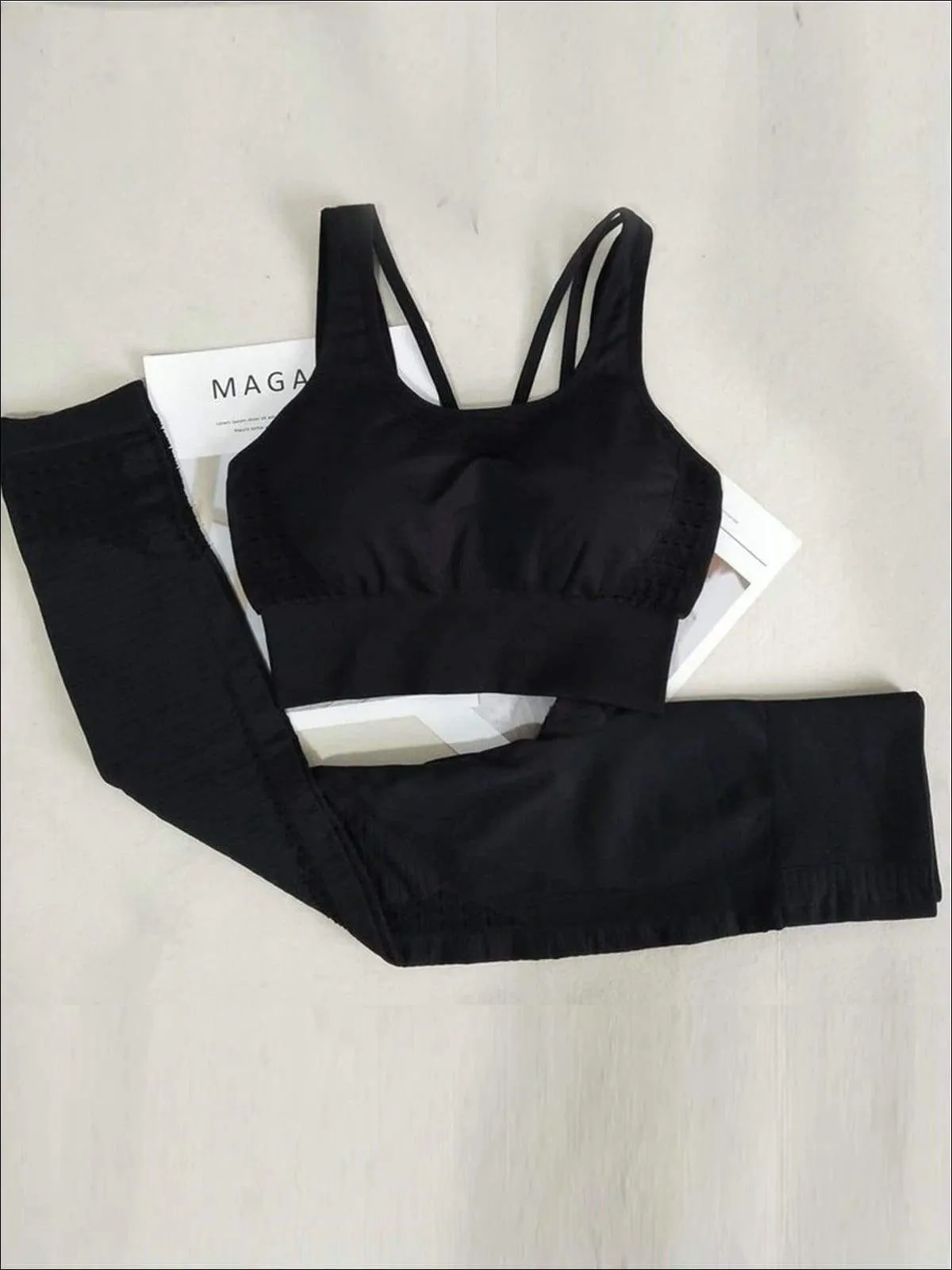 Women's Seamless Perforated Strappy Sports Bra with Matching Leggings Set