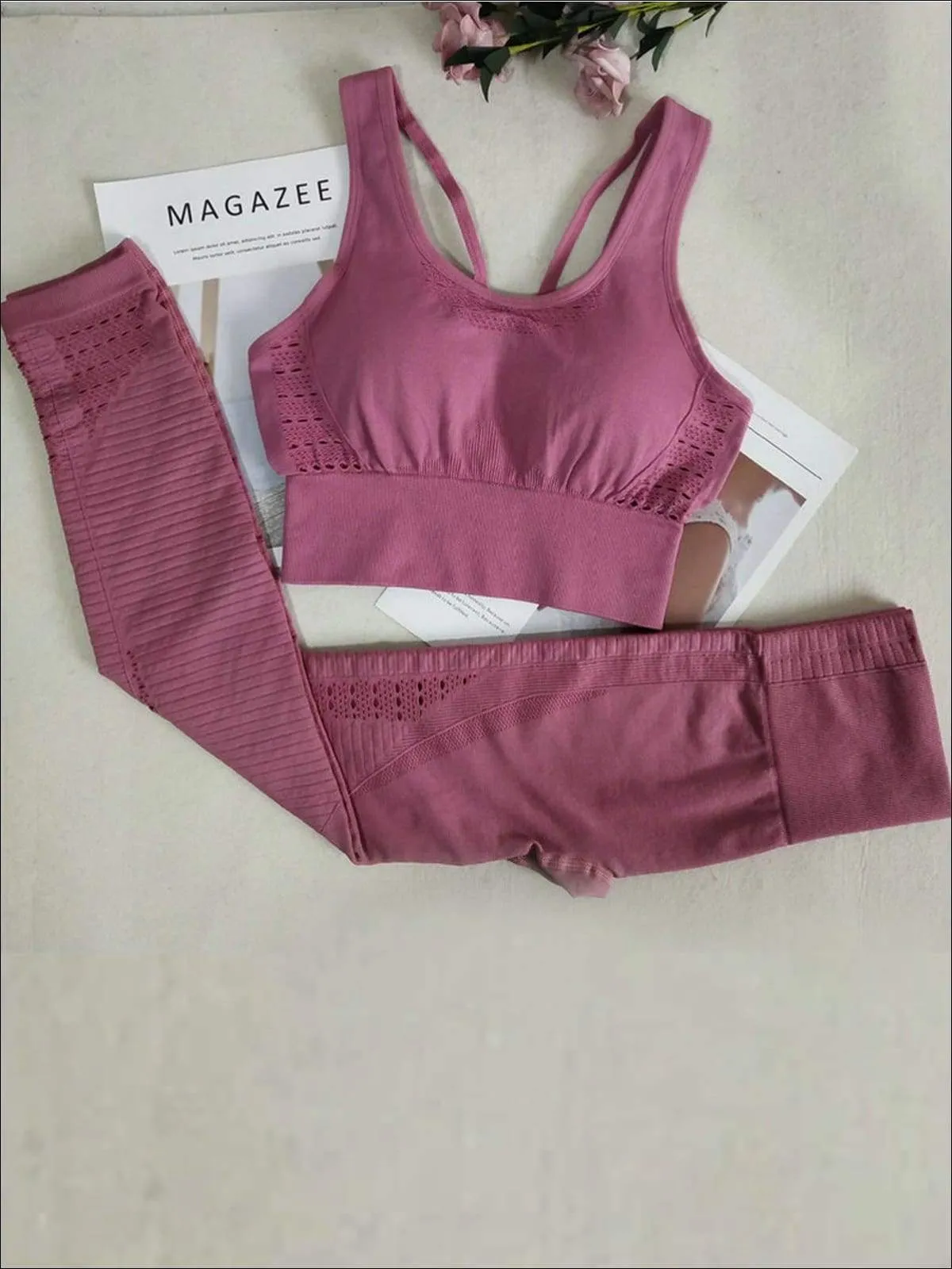 Women's Seamless Perforated Strappy Sports Bra with Matching Leggings Set