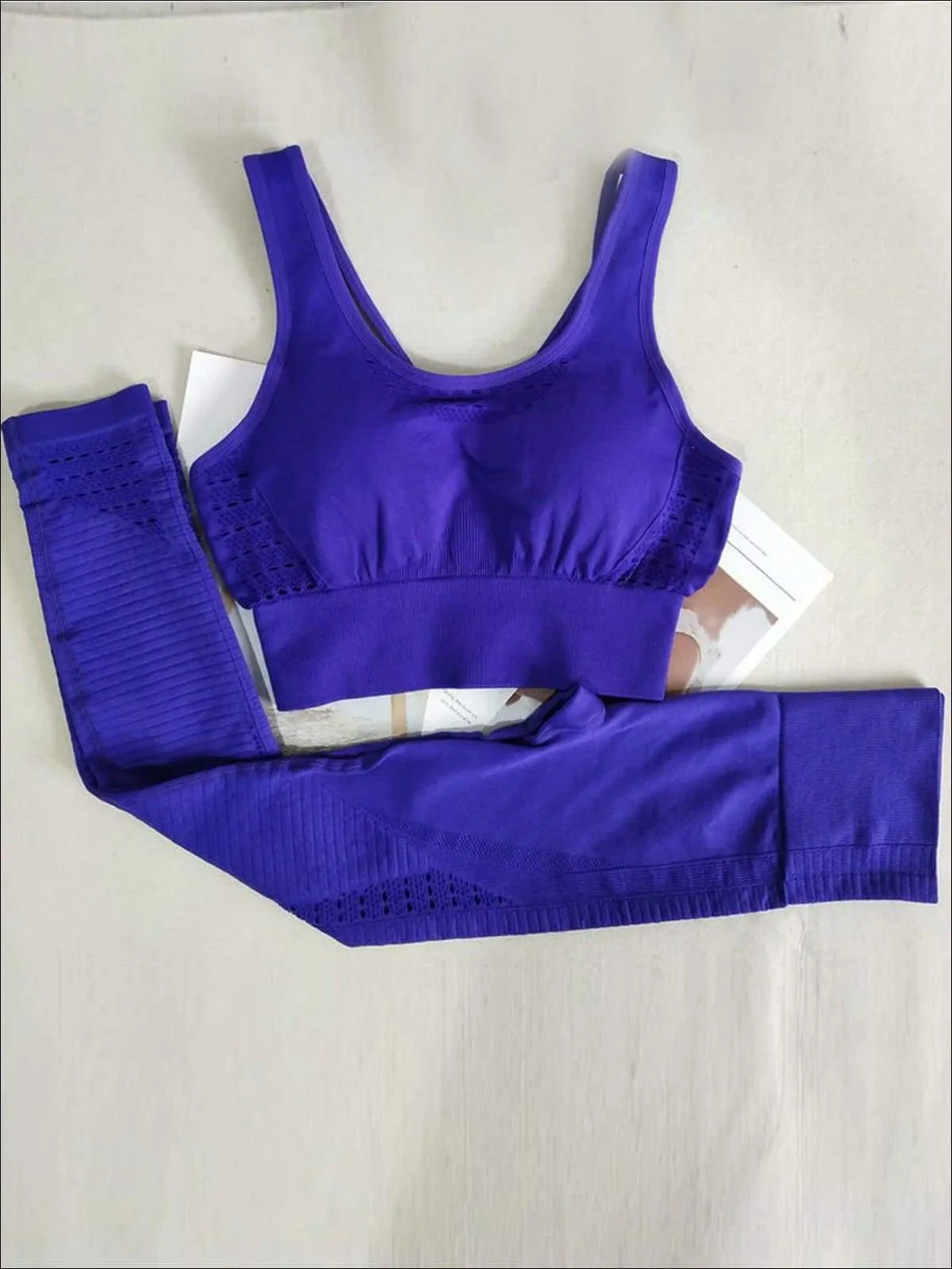 Women's Seamless Perforated Strappy Sports Bra with Matching Leggings Set
