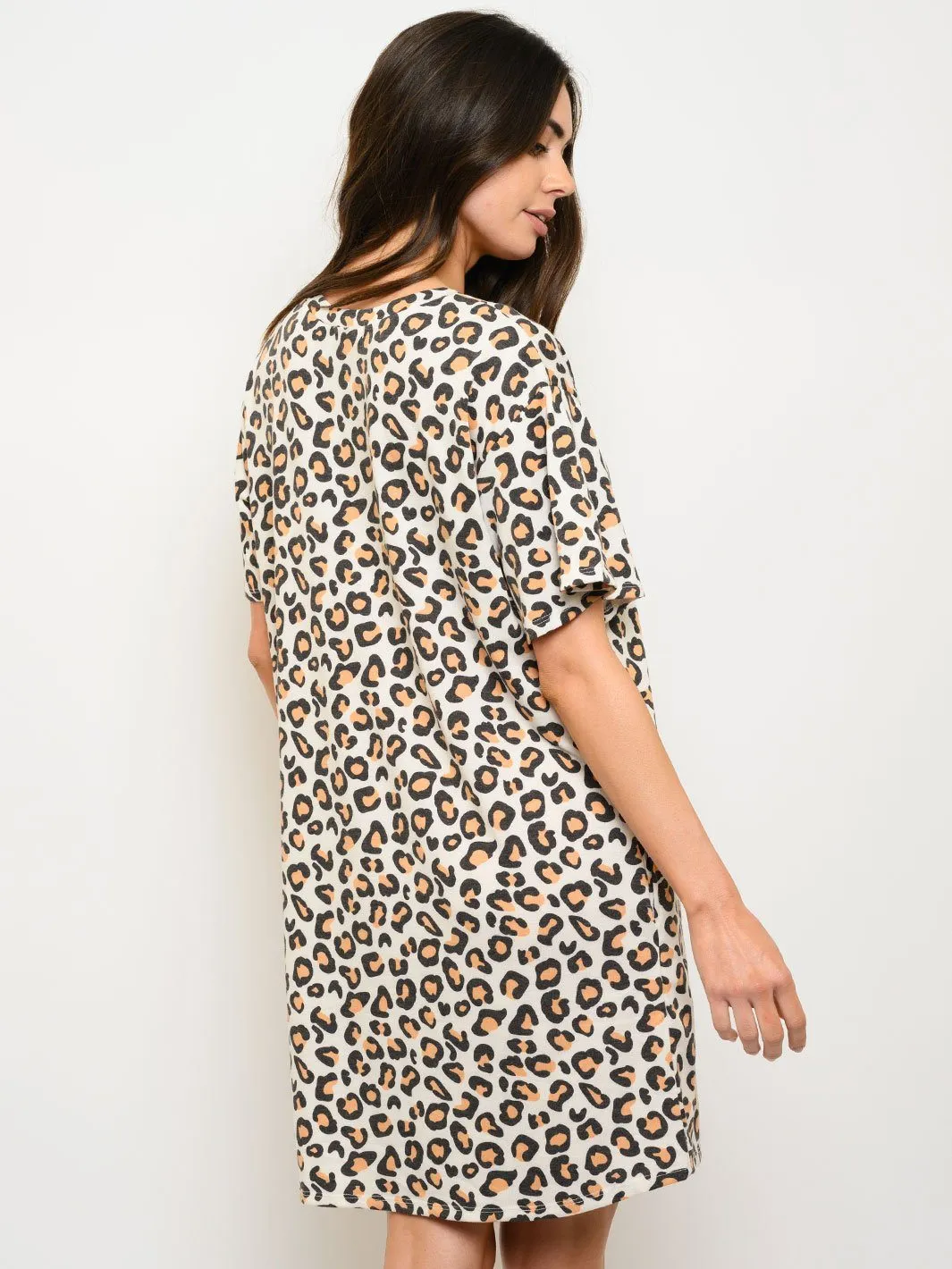 WOMEN'S SHORT SLEEVE ANIMAL PRINT POCKETS MINI DRESS