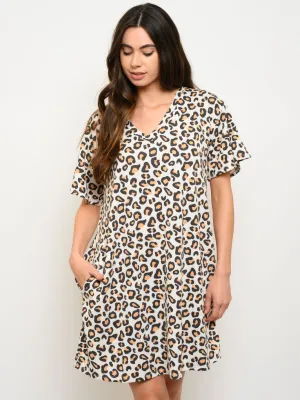 WOMEN'S SHORT SLEEVE ANIMAL PRINT POCKETS MINI DRESS