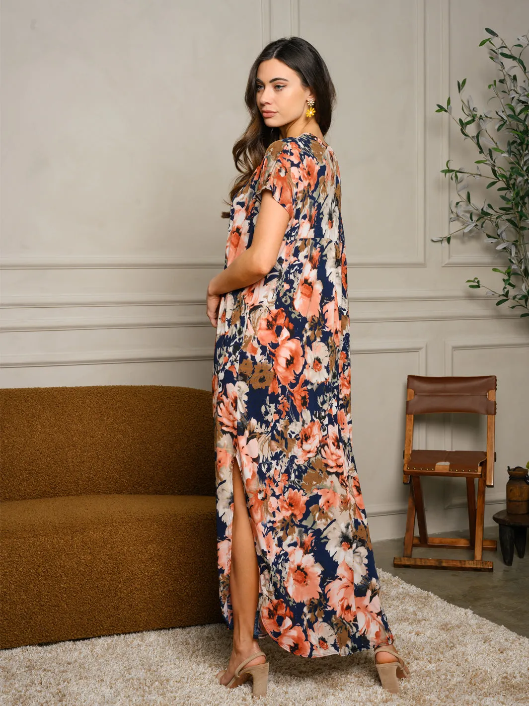 WOMEN'S SHORT SLEEVE FLORAL PRINT MAXI DRESS