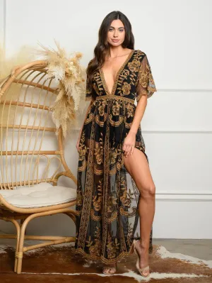 WOMEN'S V-NECK SHORT SLEEVE LACE MAXI DRESS
