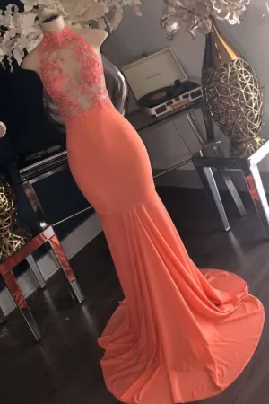 Wonderful Sleeveless Halter Lace Appliques Long Mermaid Prom Dresses