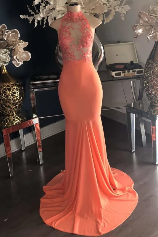 Wonderful Sleeveless Halter Lace Appliques Long Mermaid Prom Dresses