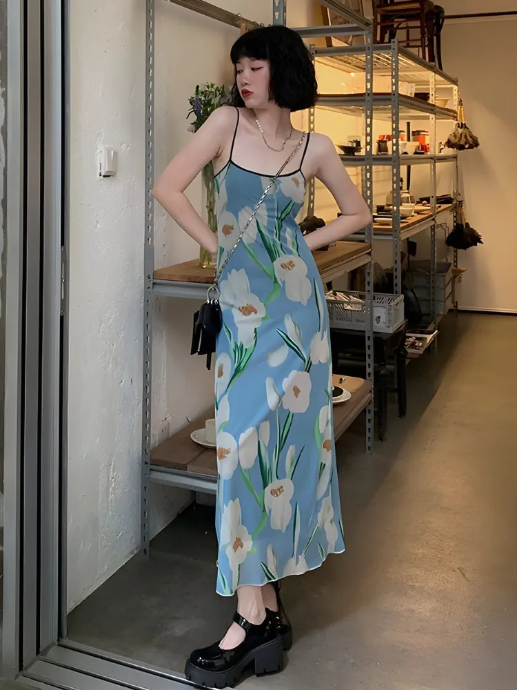 Y2K Floral Mesh Midi Dress