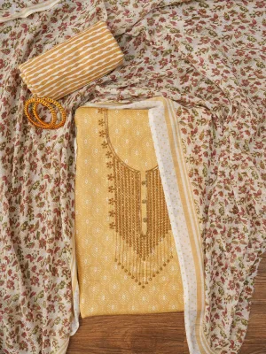 Yellow Embroidered Cotton Blend Dress Material with Dupatta
