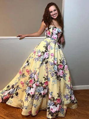 Yellow Floral Prints Satin Sweetheart Strapless Prom Dresses,PD00373