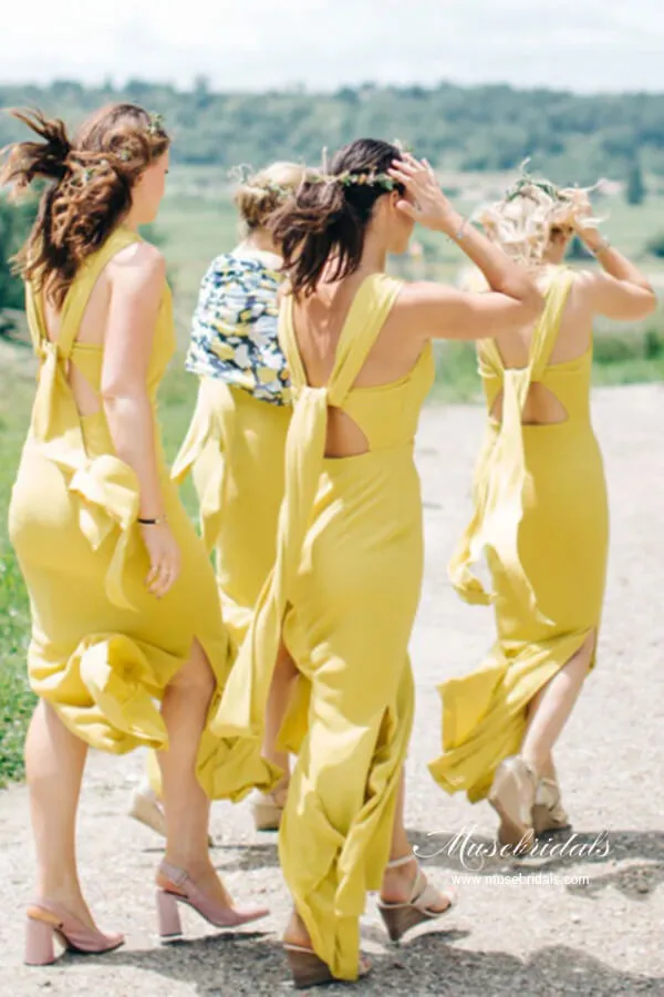 Yellow Satin Sheath Bateau Floor Length Bridesmaid Dresses With Slit, MBD269