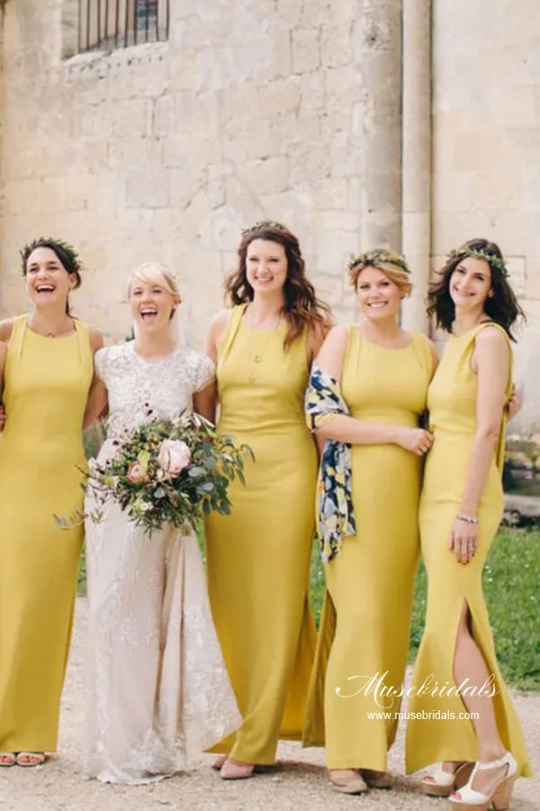 Yellow Satin Sheath Bateau Floor Length Bridesmaid Dresses With Slit, MBD269