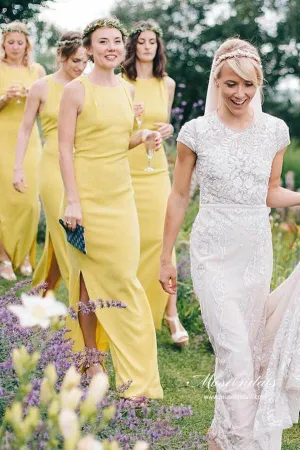 Yellow Satin Sheath Bateau Floor Length Bridesmaid Dresses With Slit, MBD269