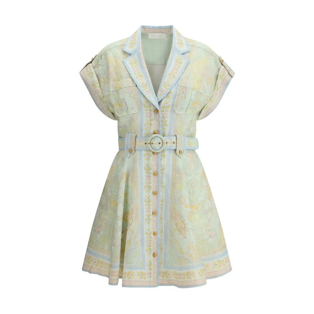 ZIMMERMANN Acacia Women Multicolor Dress Linen Floral Belted Mini Bodycon Wrap