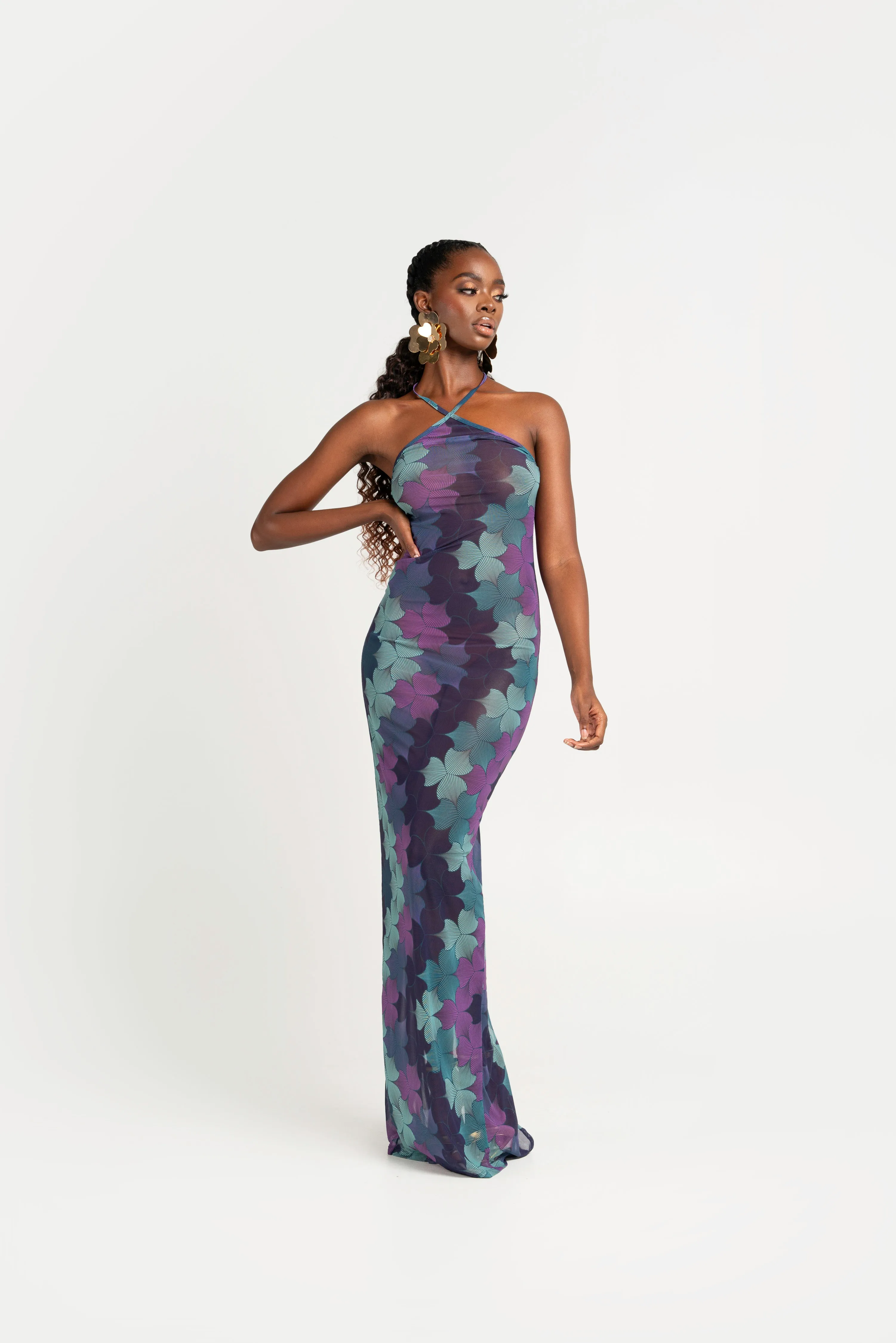 ZURI HALTER MAXI MESH DRESS